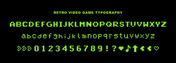 Y2k pixel alphabet. Video game abstract elements. 8 bit vintage computer letters and numbers. 90's aesthetics. Oldschool retro nostalgic typeface. Editable vector green elements on black background
