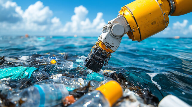 robotic arm on high tech cleanup platform collects plastic waste from ocean, showcasing innovative technology for environmental conservation and pollution reduction