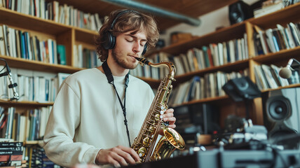 saxophonist wearing headphones records solo in professional studio surrounded by books and recording equipment, creating focused and creative atmosphere
