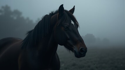 Obraz premium Mystical horse stands in the fog, capturing the essence of a quiet, enchanted morning