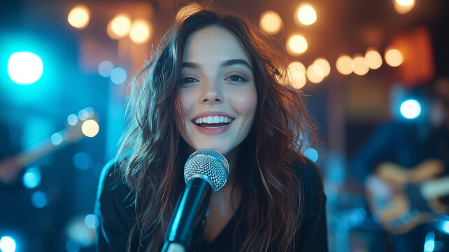talented female singer performing passionately in modern recording studio, surrounded by vibrant lights and musical instruments, creating energetic and inspiring atmosphere