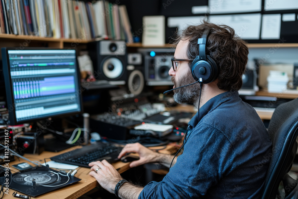 Aufkleber sound engineer working in recording studio, wearing headphones and using audio editing software on computer, surrounded by professional equipment and shelves of records