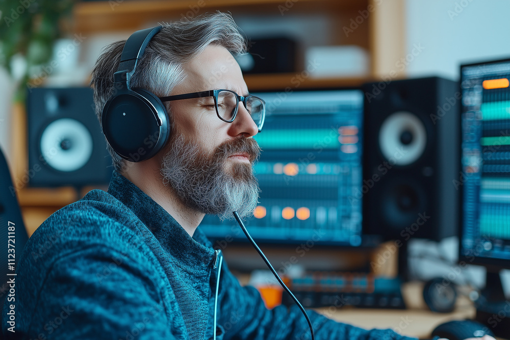 Poster man with headphones focuses deeply while working in recording studio, surrounded by audio equipment and computer screens, creating professional and creative atmosphere