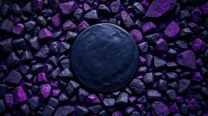 Empty black slate stone podium on purple and dark gravel background