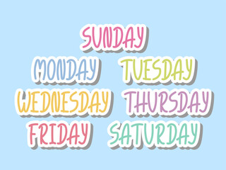 Days of the Week names Stickers set. Cute colorful Doodle Lettering weekdays. Perfect for planner, bullet journal, scrapbooking, Children education Design