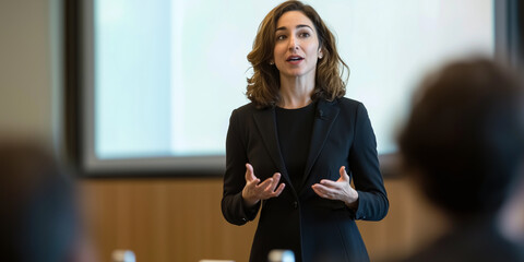 confident businesswoman delivers presentation in modern conference room, engaging her audience with expressive gestures and professional attire