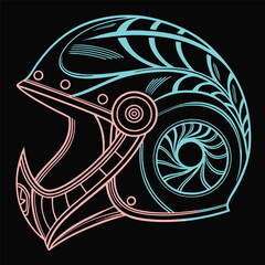 A futuristic helmet shaped like a seashell, with glowing neon accents and swirling patterns