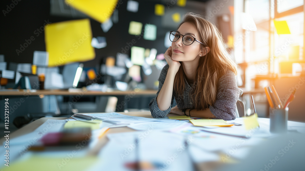 Poster thoughtful businesswoman in creative studio surrounded by scattered papers and sticky notes, gazing 