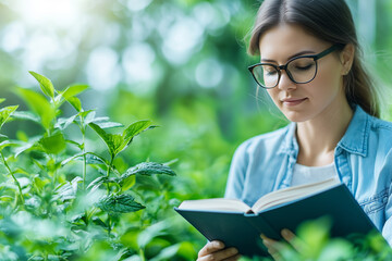 Fototapeta premium woman wearing glasses reads book in serene garden surrounded by lush greenery, enjoying peaceful moment in nature