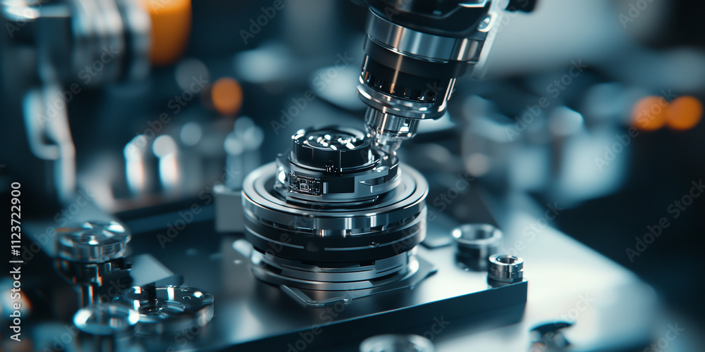 Aufkleber close up view of robotic arm assembling mechanical component with precision, showcasing advanced technology and automation in industrial setting