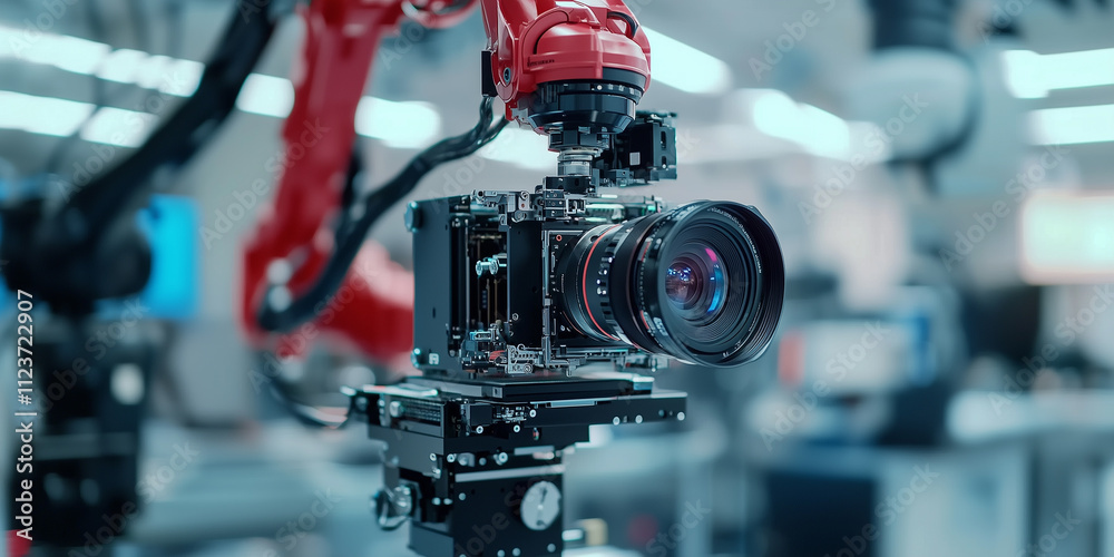 Aufkleber close up view of robotic arm assembling camera in high tech industrial setting, showcasing precision engineering and advanced technology