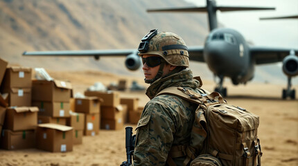 Fototapeta premium Soldier guarding humanitarian aid supplies near military aircraft