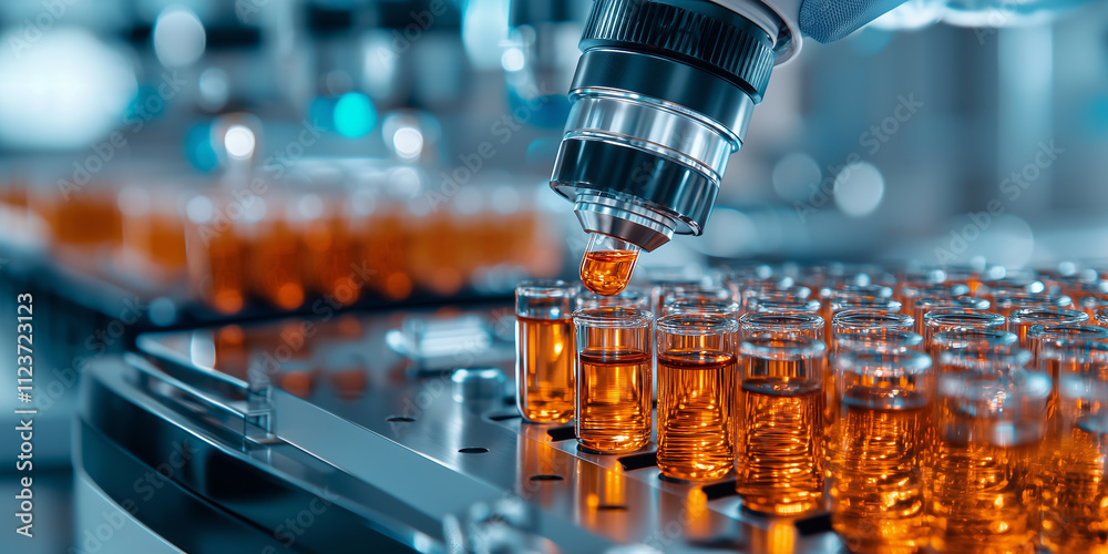 Poster robotic arm precisely handles medical vials filled with orange liquid in laboratory, showcasing adva
