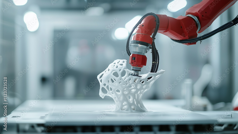 Aufkleber robotic arm with red design is 3D printing complex white lattice structure in modern laboratory, showcasing advanced manufacturing technology and precision