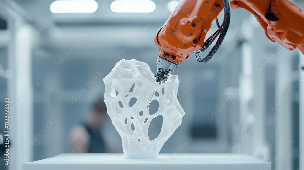 Poster robotic arm precisely sculpts complex 3d printed structure in modern laboratory, showcasing advanced