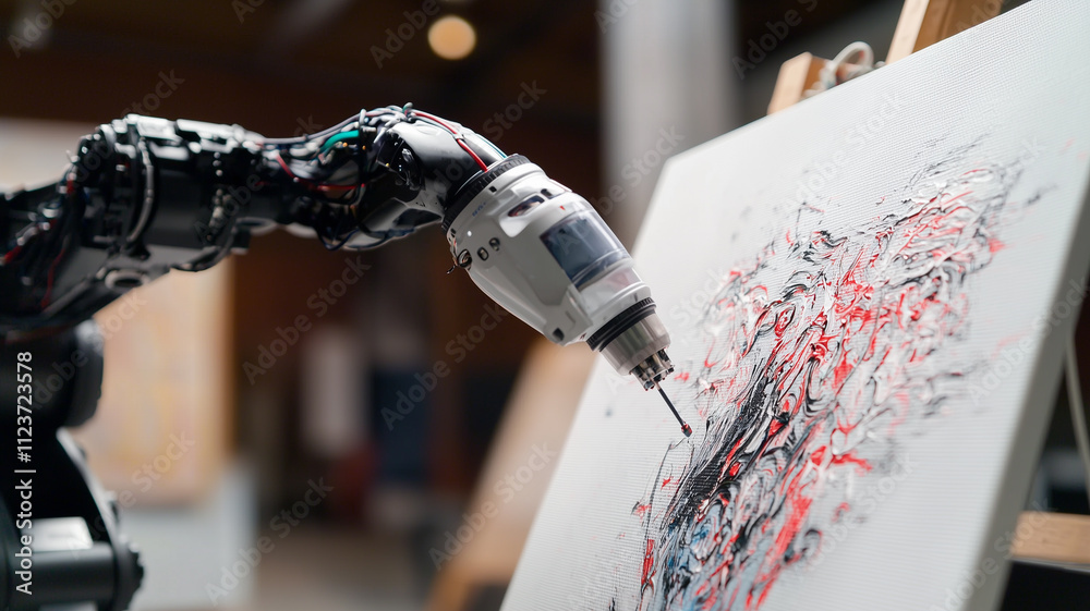 Aufkleber robotic arm painting abstract artwork on canvas, showcasing advanced technology and creativity in ar