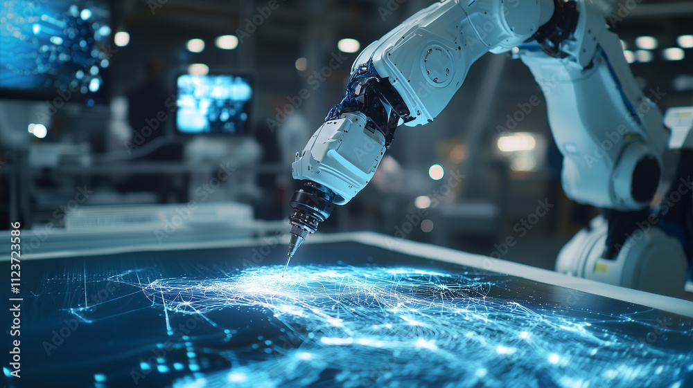 Poster robotic arm operates with precision, creating intricate digital patterns on glowing interface in high tech laboratory, showcasing advanced technology and innovation