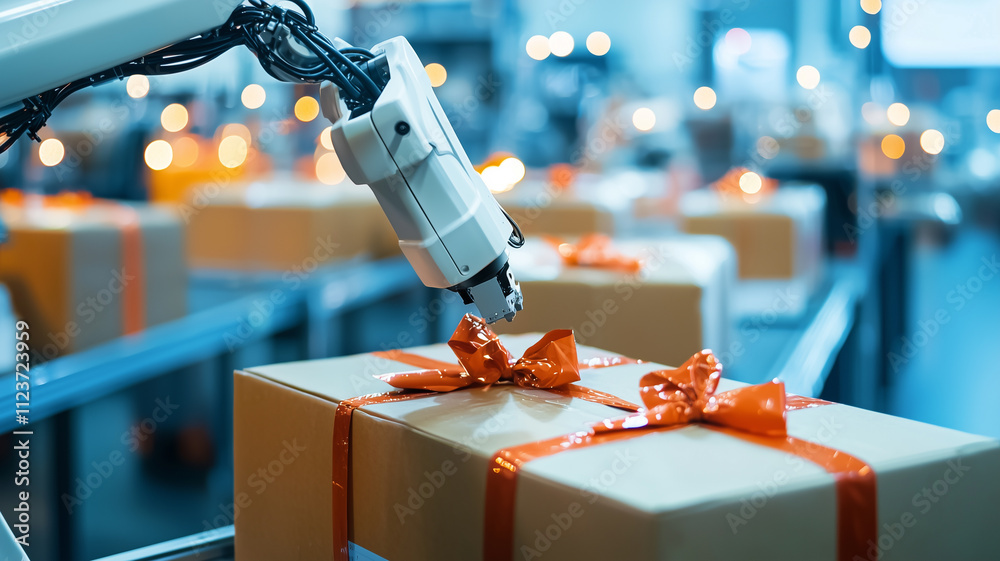 Poster robotic arm carefully wraps and sorts gift boxes with red ribbons on conveyor belt in modern factory