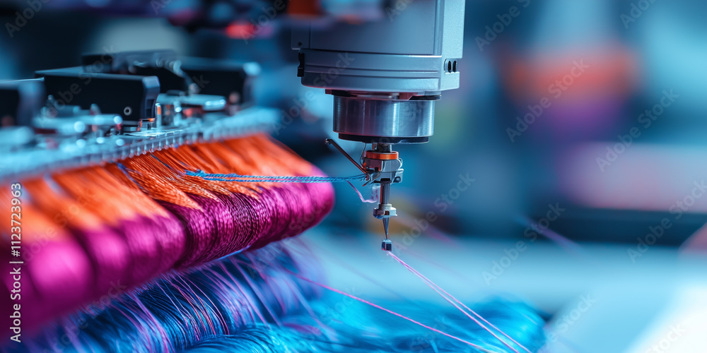 Poster close up view of automated embroidery machine stitching vibrant threads with precision, showcasing advanced textile manufacturing technology