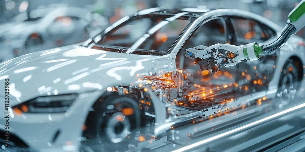 Poster robotic arm assembles modern car in high tech automotive factory, showcasing advanced automation and precision engineering in manufacturing process
