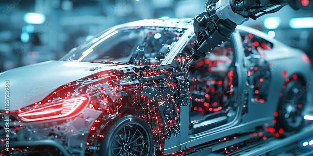 Aufkleber robotic arm assembles futuristic car in high tech factory, with glowing red lights highlighting adva