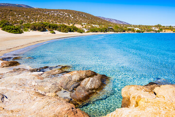 Beautiful sandy beach Psili Ammos with crystal clear azure sea water, Naxos island, Cyclades, Greece