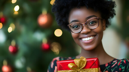 A smiling woman holding a red gift box with golden ribbon in a festive holiday setting