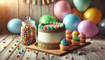 Fototapeta premium Delicious birthday cake, cupcakes and candies celebrating a festive occasion