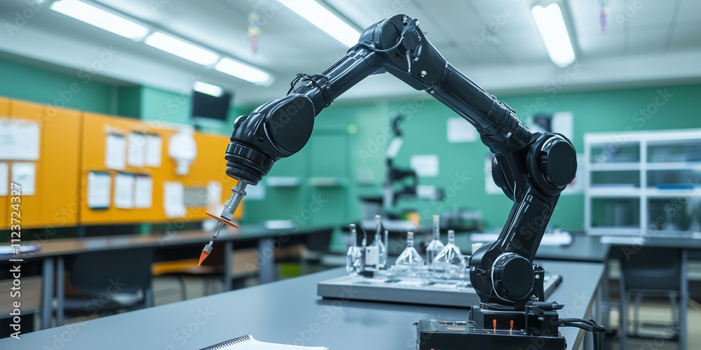 Poster robotic arm conducting physics experiment in modern laboratory, showcasing precision and advanced technology in educational setting