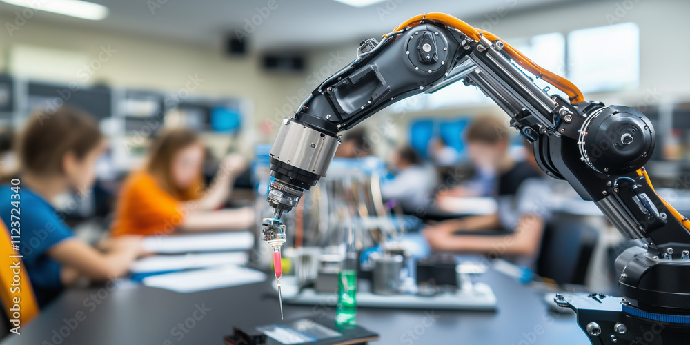 Poster robotic arm conducting physics experiment in classroom, surrounded by students and scientific equipm