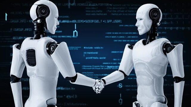 Futuristic robot artificial intelligence huminoid AI programming coding technology development and machine learning concept. Robotic bionic science research for future of human life. 3D rendering.