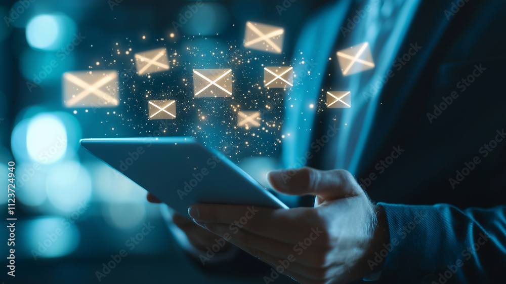 Poster businessman holding tablet with glowing email icons floating above, symbolizing digital communicatio