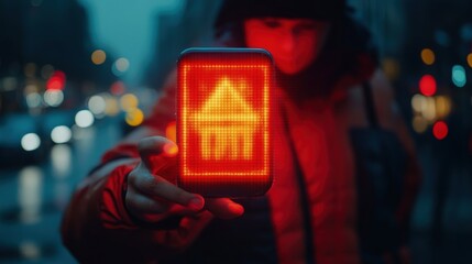 Fototapeta premium Person holding a device displaying a house icon in a city at night.