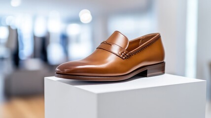 Brown leather loafer displayed on white pedestal in bright store