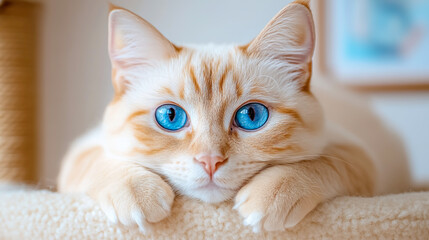 Obraz premium Charming close-up of a light-colored cat with striking blue eyes gazing curiously from a cozy perch in a softly lit room