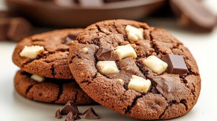 Fototapeta premium Delicious chocolate cookies with creamy white chocolate chunks await your taste as they cool on a rustic kitchen counter