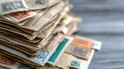 Stack of vintage postage stamps in envelopes on wooden surface