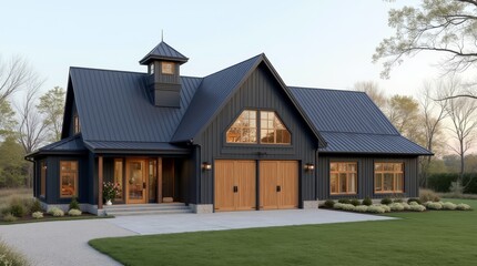 Obraz premium Modern Gable Barn Home with Multi-Pitched Roof and Dark Board and Batten Siding