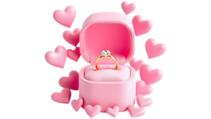 A sparkly diamond ring sits in a pink box surrounded by hearts. Perfect for an engagement or anniversary.