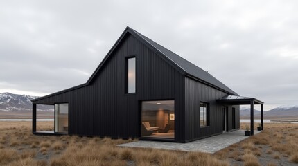 Fototapeta premium Modern Nordic Gable Barn Home with Black Charred Wood Siding