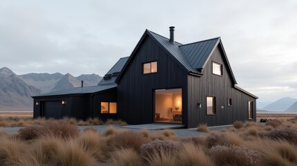 Obraz premium Modern Nordic Gable Barn Home with Black Charred Wood Siding