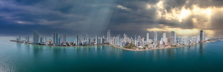 Obraz premium aerial panorama view of Bocagrande island in Cartagena Colombia featuring modern architecture and turquoise Caribbean Sea