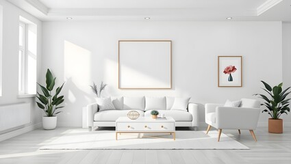 Bright and airy living room with white sofa, armchair, and coffee table. Sunlight streams through a nearby window, illuminating the minimalist decor.