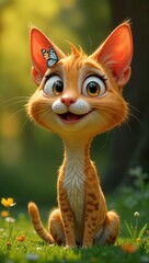 A cartoon-style ginger cat with large expressive eyes sits on a grassy field, smiling cheerfully. A small blue butterfly rests on its head. 