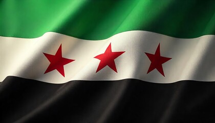 The new Syrian flag. Green, white, black, with three red stars above the white. Green at the top, white in the middle, black at the bottom 
