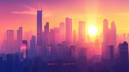 Fototapeta premium City skyline at sunset with reflection. City skyline at sunset. 