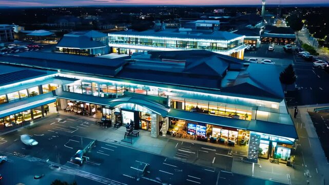 Evening view of a lively shopping center with illuminated storefronts and busy streets