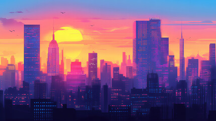 Fototapeta premium City skyline at sunset with reflection. City skyline at sunset. 