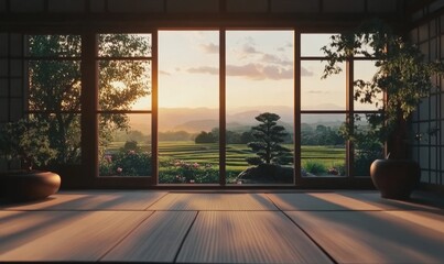 Fototapeta premium A contemporary animation showing an unoccupied Japanese dojo with karate mats, bonsai trees, and a view of terraced fields and a sunset sky through the window.