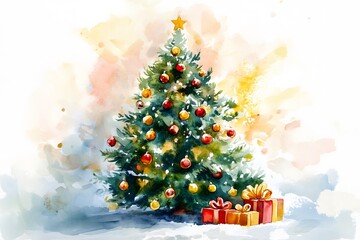Obraz premium A watercolor painting of a beautifully decorated christmas tree and presents